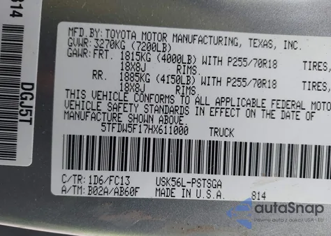 2017 Toyota Tundra Sr5 5.7L V8 from USA, damaged, VIN 5TFDW5F17HX611000